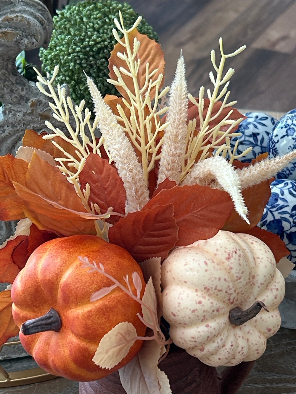 NEW! Shabby Chic Autumn Pumpkin Floral Arrangement in Rustic Ceramic Milk Jug - Picture 2 of 5